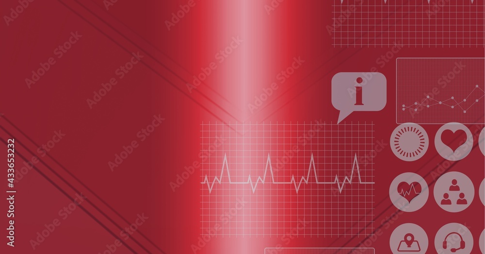 Composition of digital medical icons processing with copy space on red background