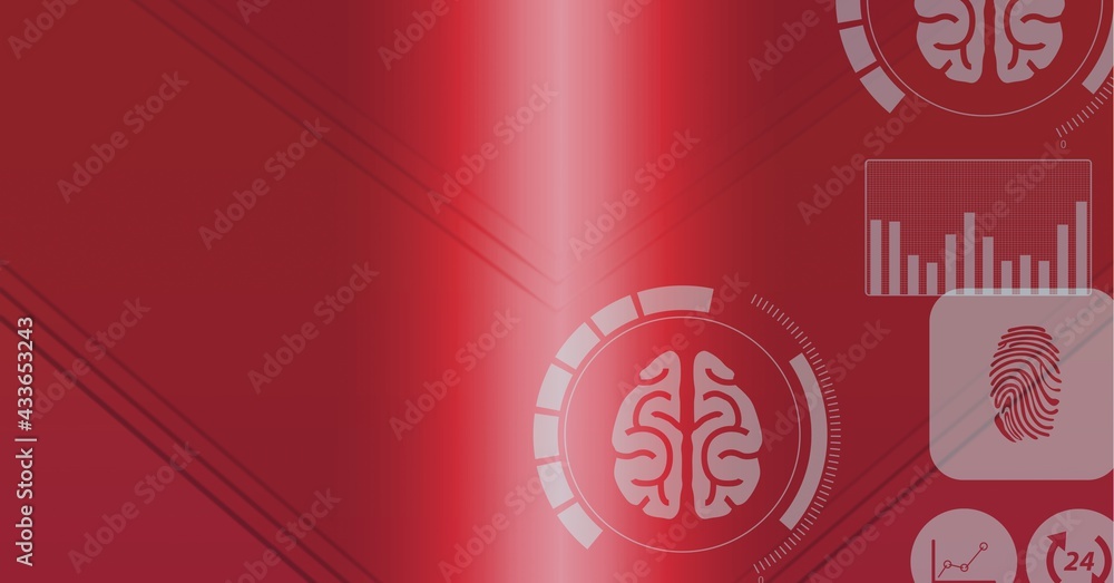 Composition of digital medical icons processing with copy space on red background