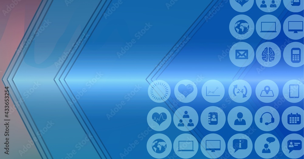 Composition of digital medical icons processing with copy space on blue background