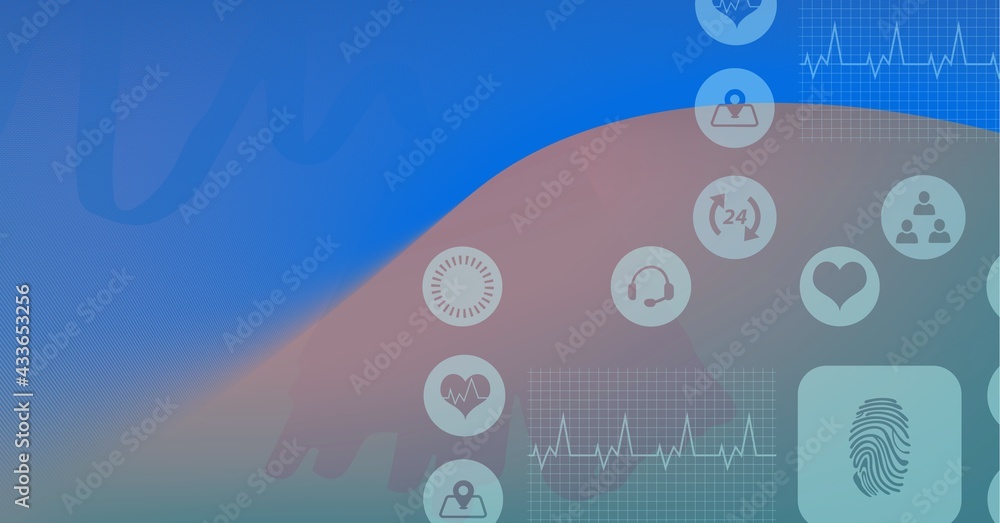 Composition of digital medical icons processing with copy space on red and blue background