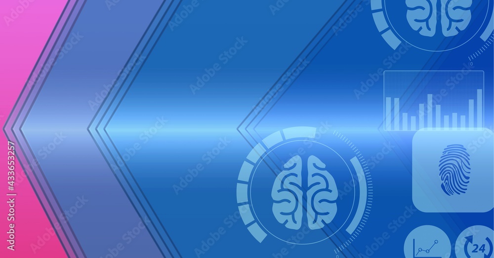 Composition of digital medical icons processing with copy space on blue background