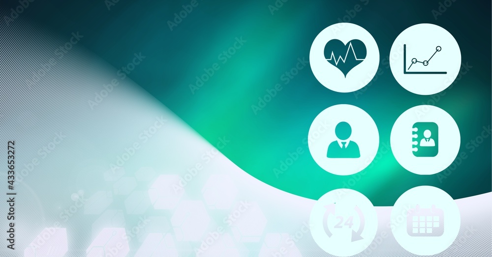 Composition of digital medical icons over green to white background