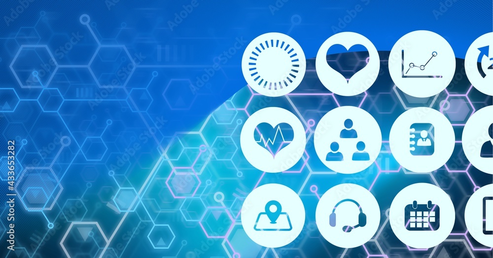 Composition of digital medical icons over chemical compounds on blue background