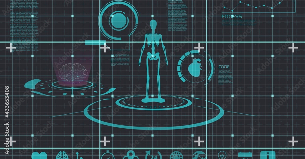 Composition of human skeleton medical icons and data processing on black background