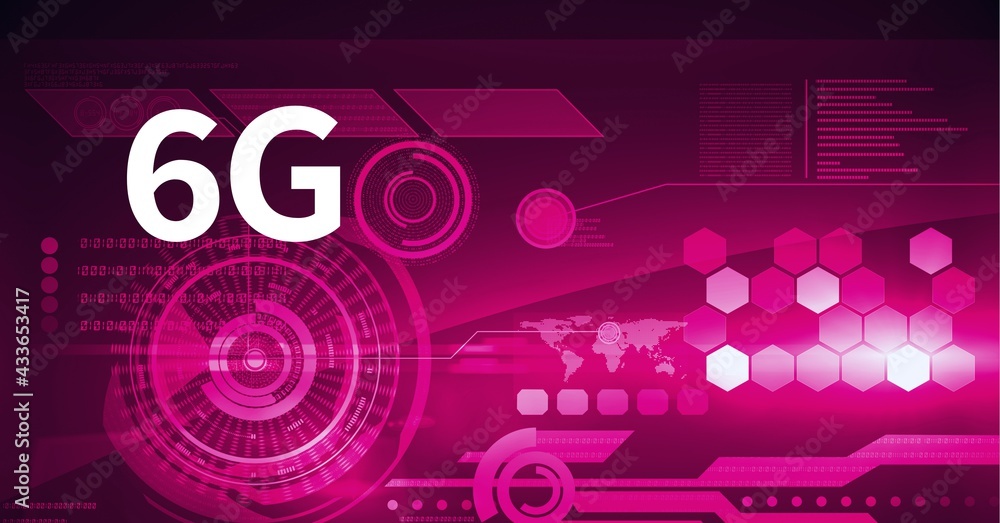 Composition of 6g text over scopes scanning and data processing over hexagons on pink background