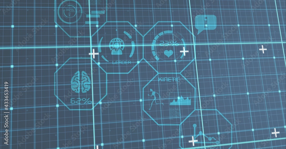 Composition of medical icons and data processing on grid over black background