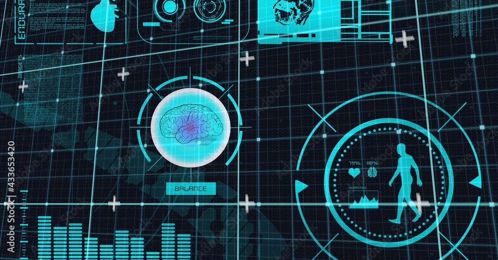 Composition of human body, medical icons and data processing on black background