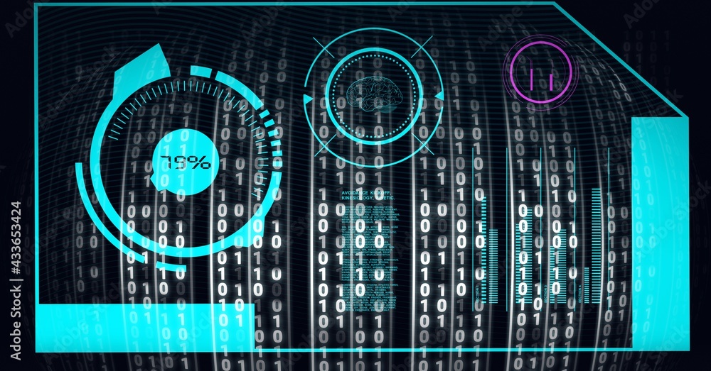 Composition of binary coding, medical icons and data processing on screen on black background