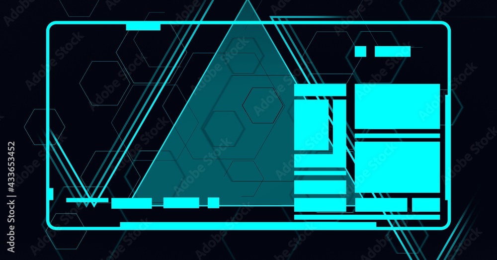 Composition of data processing on screens over hexagons on black background