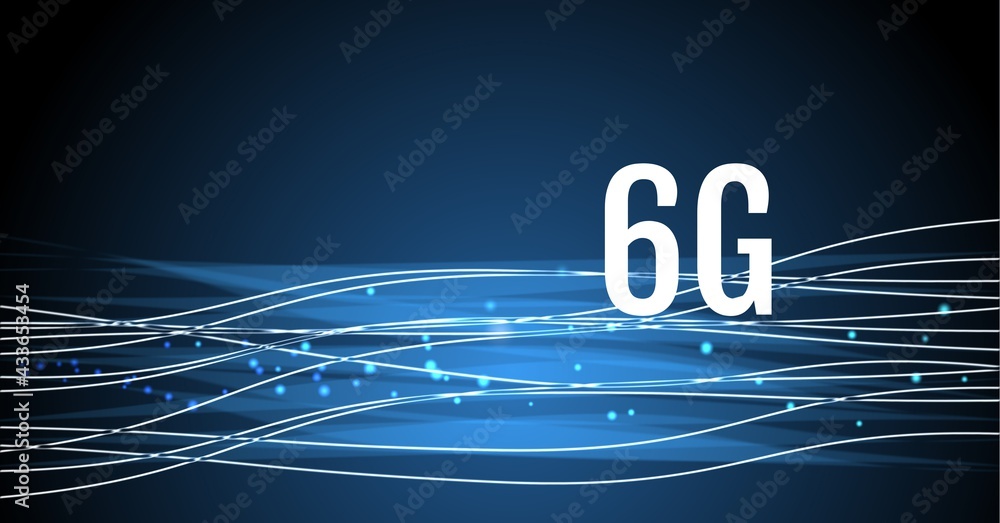 Composition of 6g text over light trails with spots on blue background