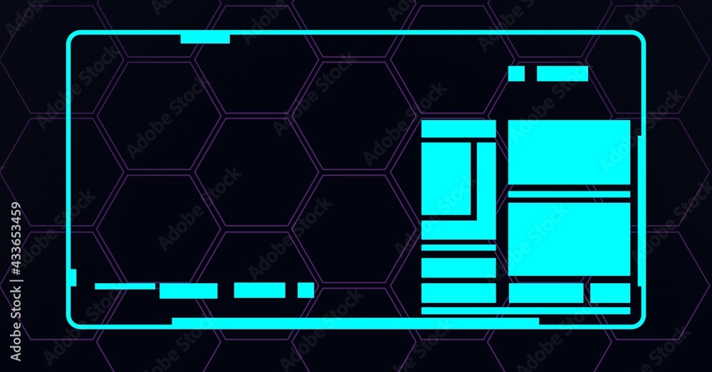 Composition of data processing on screen over hexagons on black background