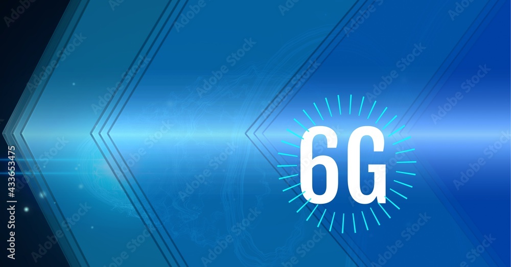 Composition of 6g text over scope scanning blue glowing arrows background