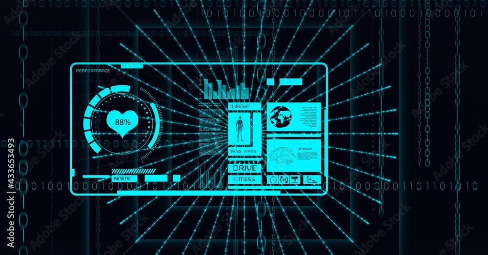 Composition of binary coding, medical icons and data processing on screen circle on black background