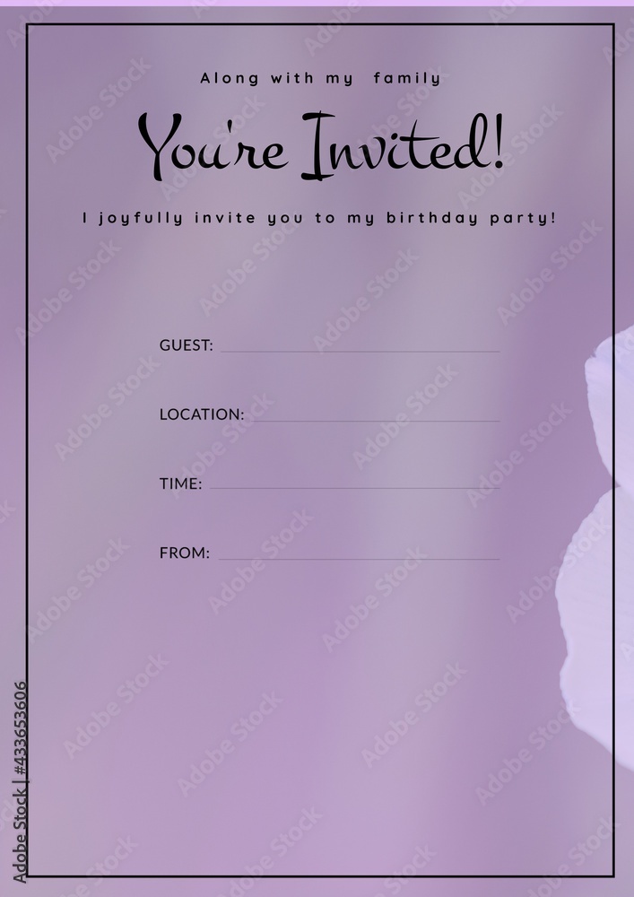 Youre invited message, birthday invite with details space on soft purple background