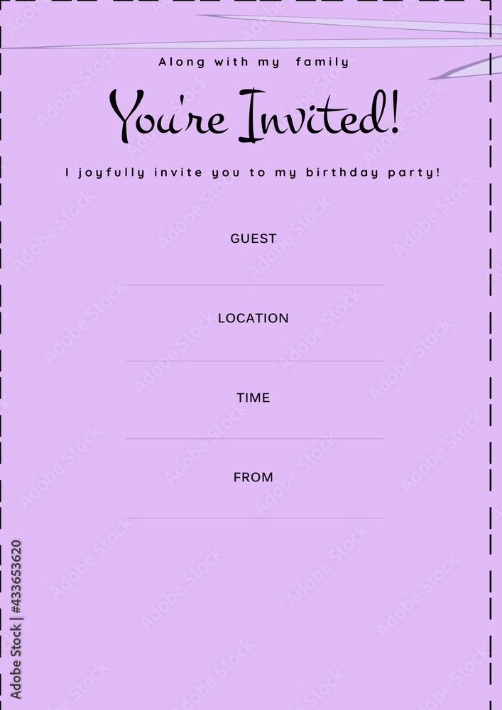 Youre invited message in black with floral detail, birthday invite with details space on lilac