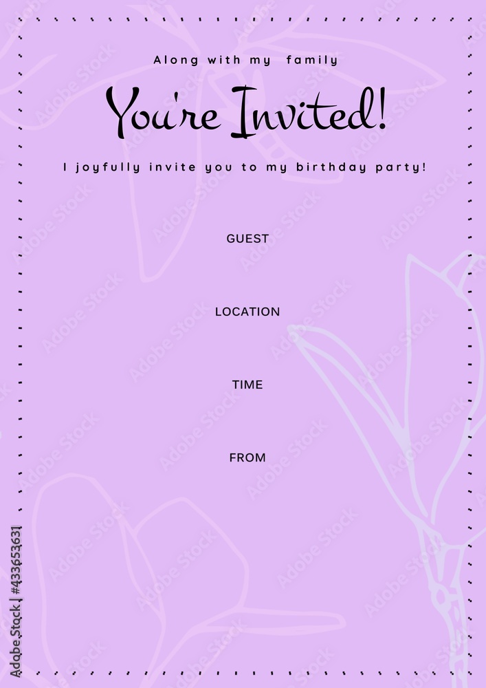 Youre invited message in black with floral outline, birthday invite with details space on lilac