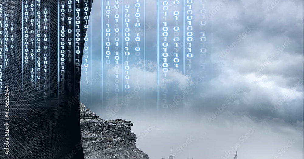 Composition of binary coding over clouds, landscape and grey edge