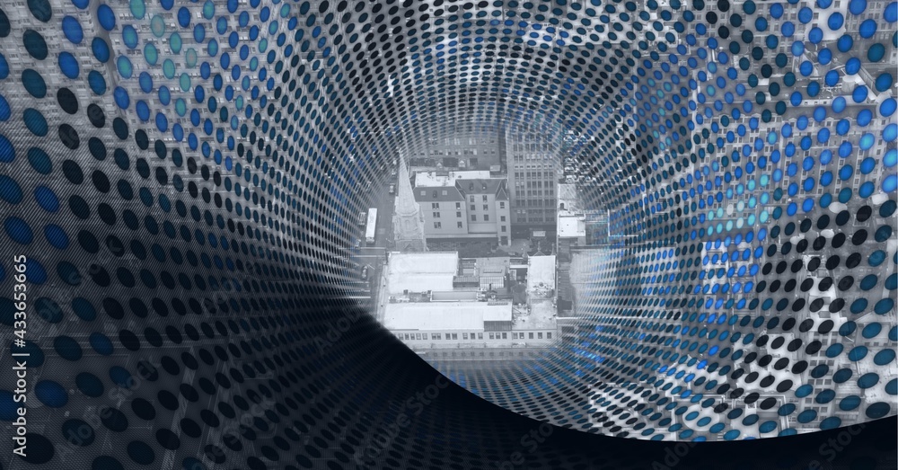 Composition of tunnel formed with blue rows of dots of data and information transfer with cityscape