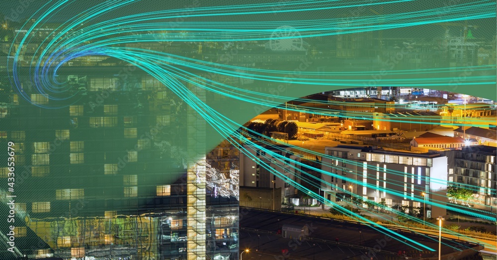 Composition of green light trails of data and information over cityscape and green edge