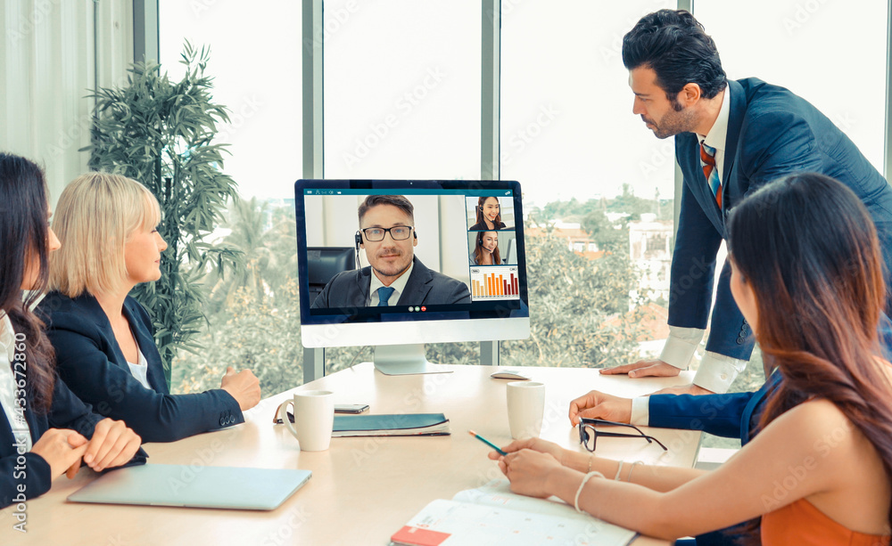 Video call group business people meeting on virtual workplace or remote office. Telework conference 