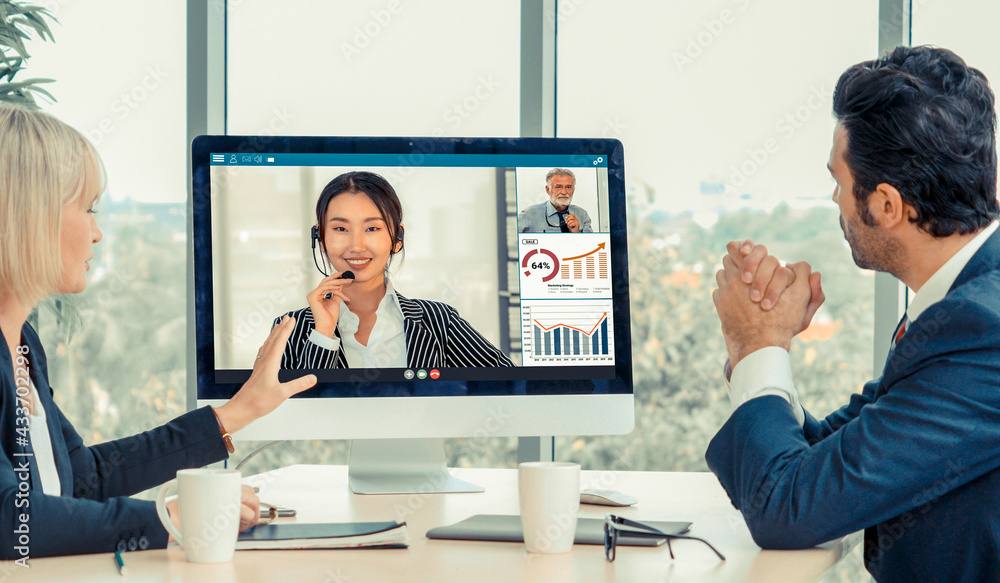 Video call group business people meeting on virtual workplace or remote office. Telework conference 