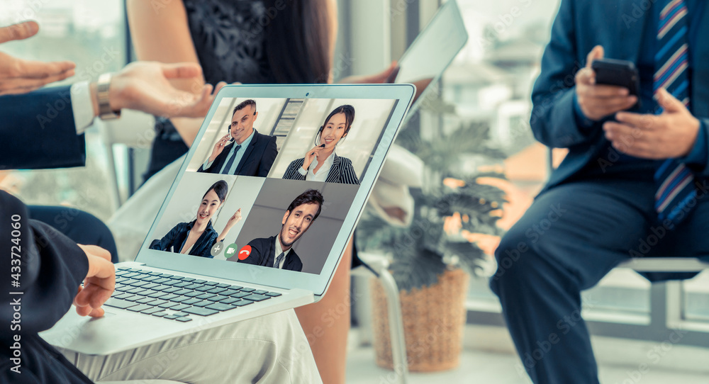 Video call group business people meeting on virtual workplace or remote office. Telework conference 