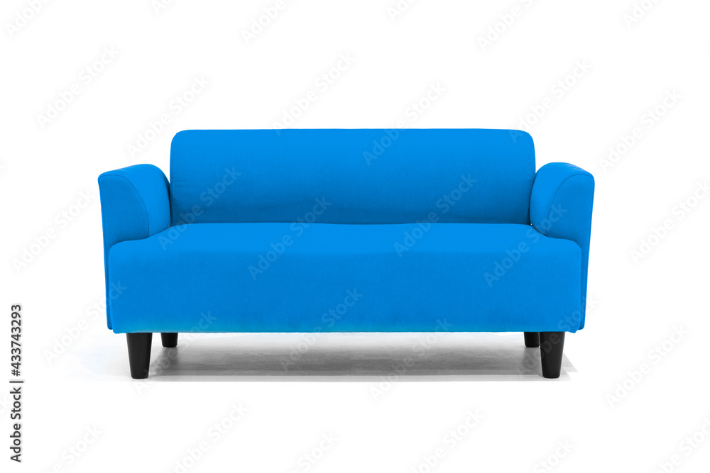 Blue Scandinavian style contemporary sofa on white background with modern and minimal furniture desi