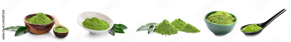 Powdered matcha tea on white background