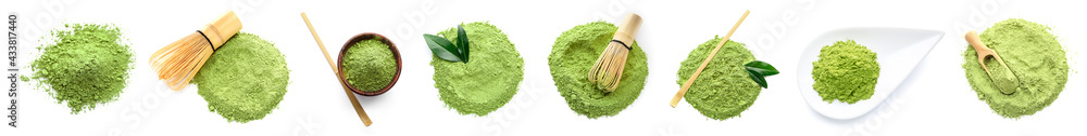 Powdered matcha tea on white background