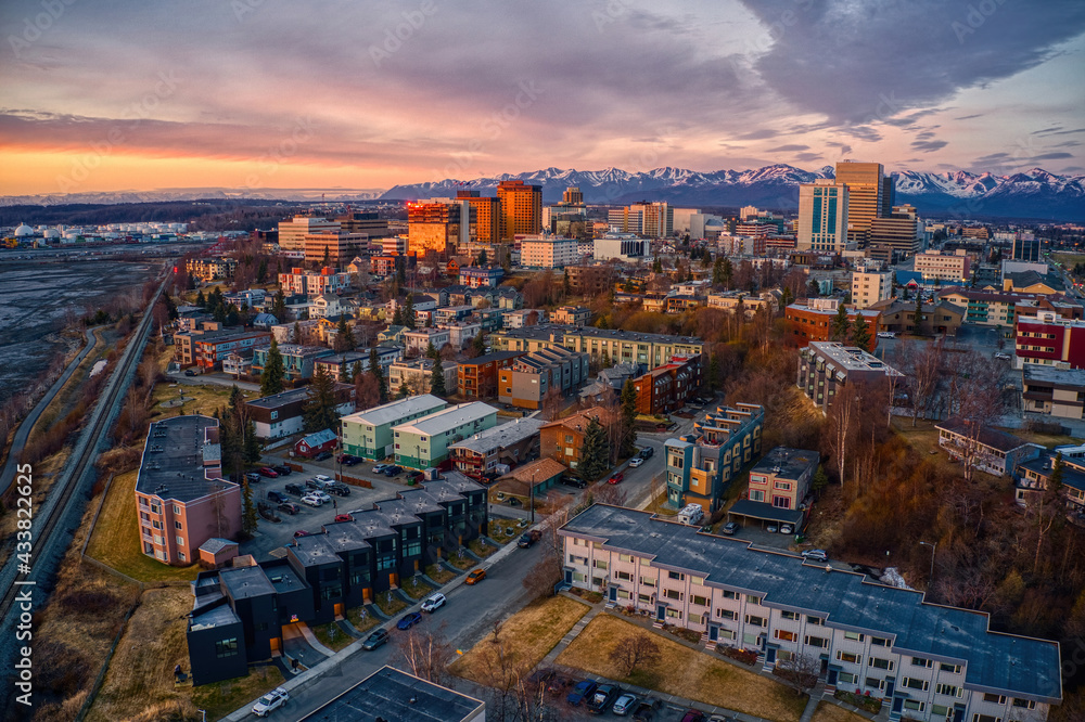 Aerial View of a Sunset over Downtown Anchorage, Alaska in Spring