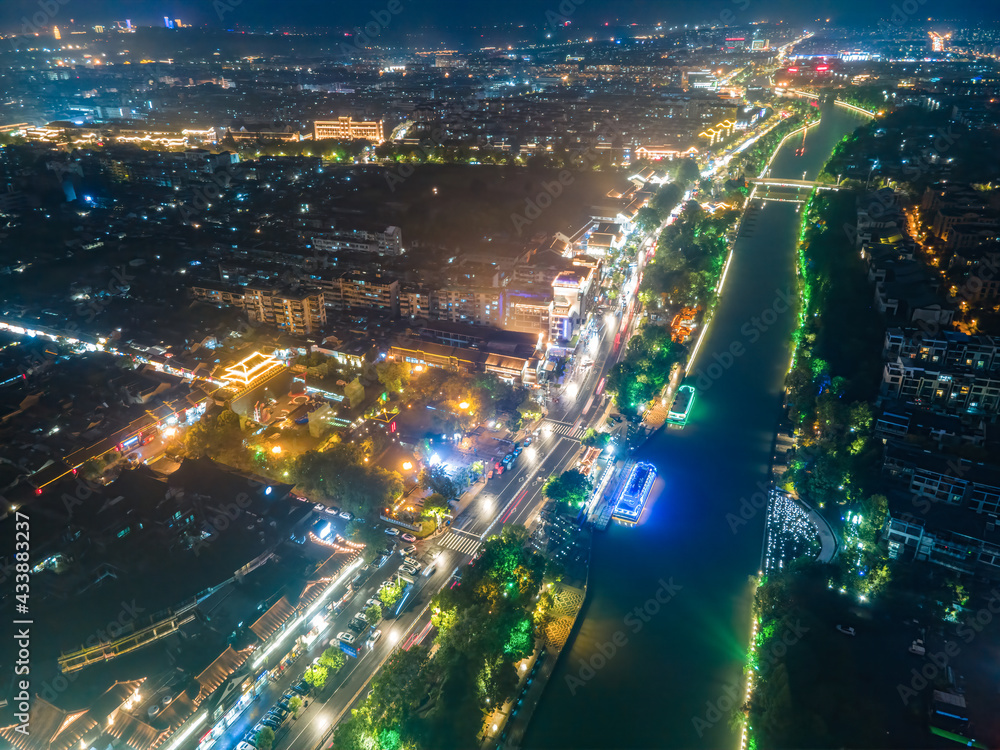 Aerial photography of the night view of Dongguan Street in Yangzhou