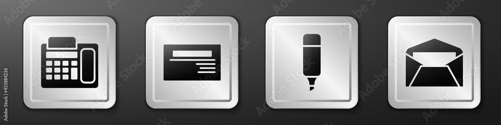 设置电话、名片、记号笔和信封图标。银色方形按钮。矢量