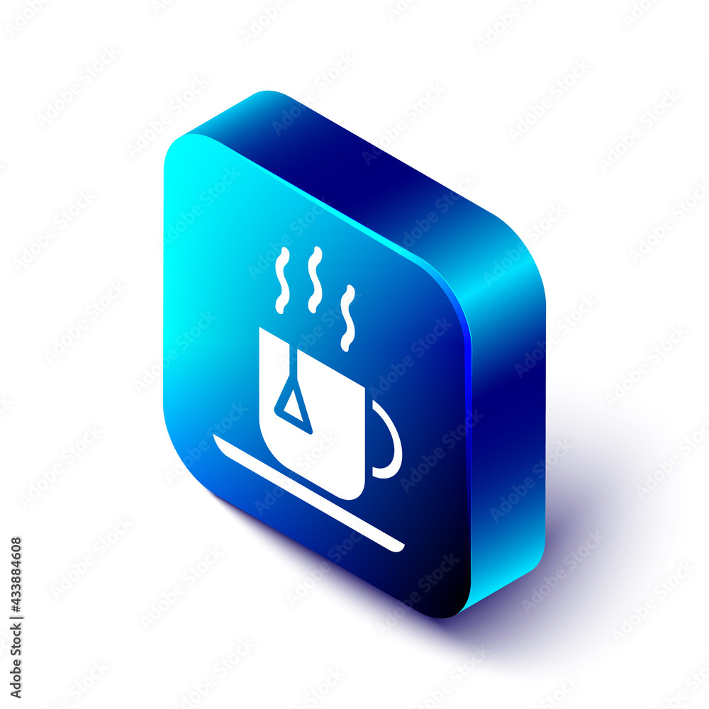 Isometric Cup of tea with tea bag icon isolated on white background. Blue square button. Vector Illu