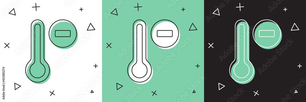 将气象温度计测量图标隔离在白色和绿色、黑色背景上。温度计