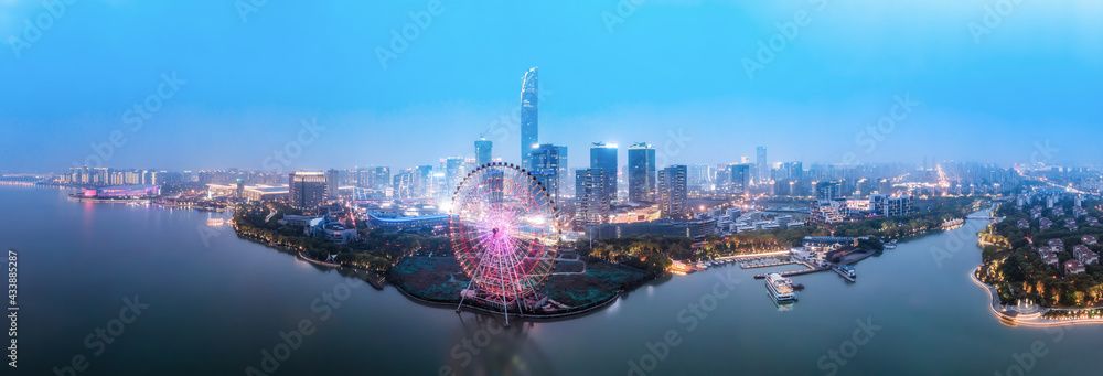 航拍苏州金鸡湖CBD城市建筑夜景