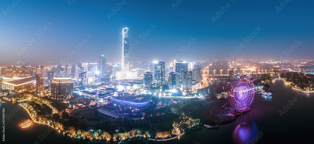 航拍苏州金鸡湖CBD城市建筑夜景