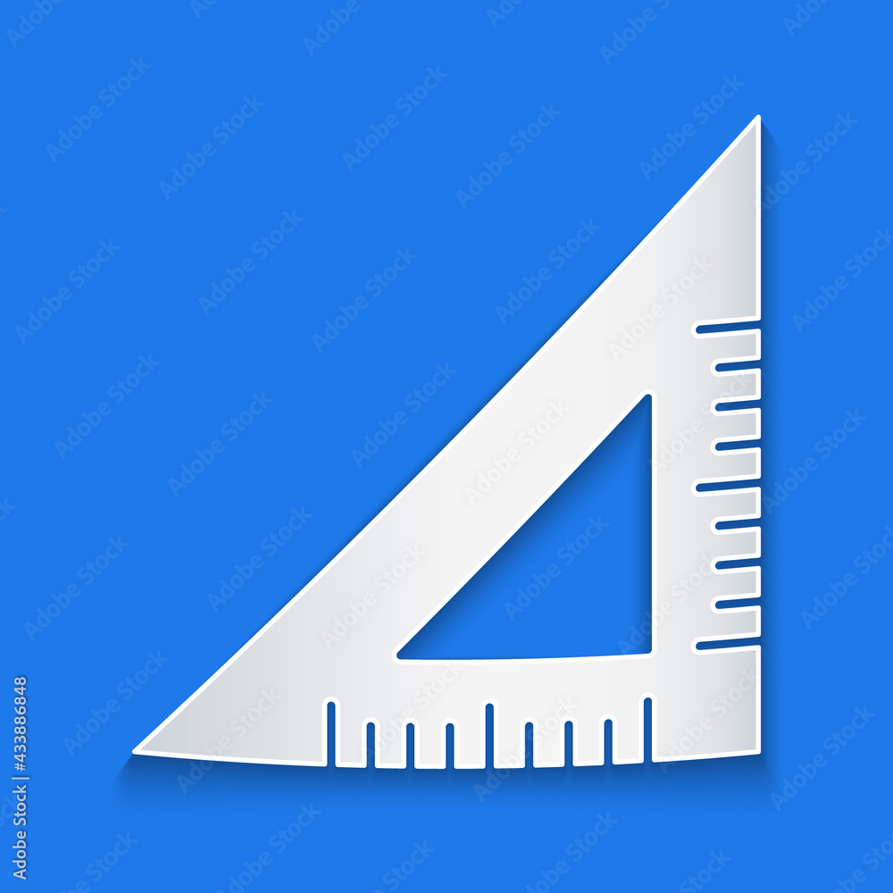 Paper cut Triangular ruler icon isolated on blue background. Straightedge symbol. Geometric symbol. 