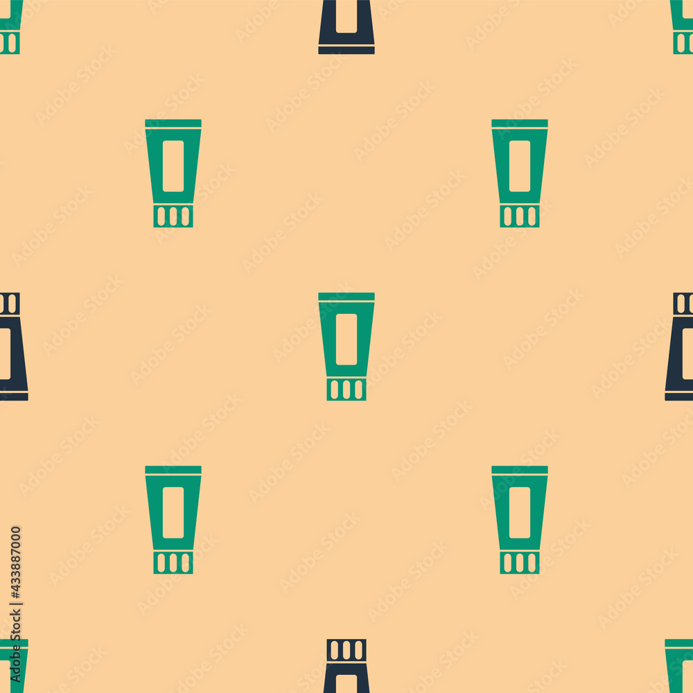 Green and black Tube of toothpaste icon isolated seamless pattern on beige background. Vector