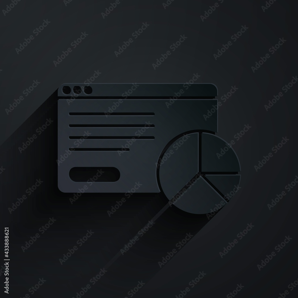 Paper cut Web analytics information and development website statistic icon isolated on black backgro