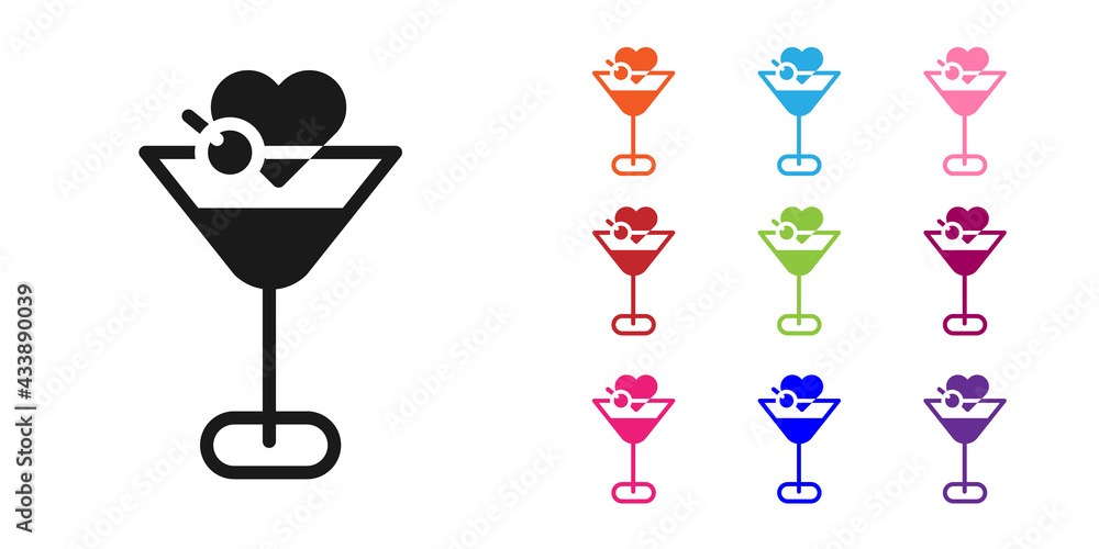 Black Martini glass icon isolated on white background. Cocktail icon. Wine glass icon. Set icons col