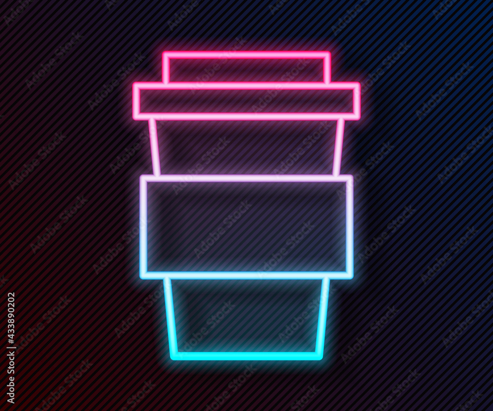 Glowing neon line Coffee cup to go icon isolated on black background. Vector Illustration