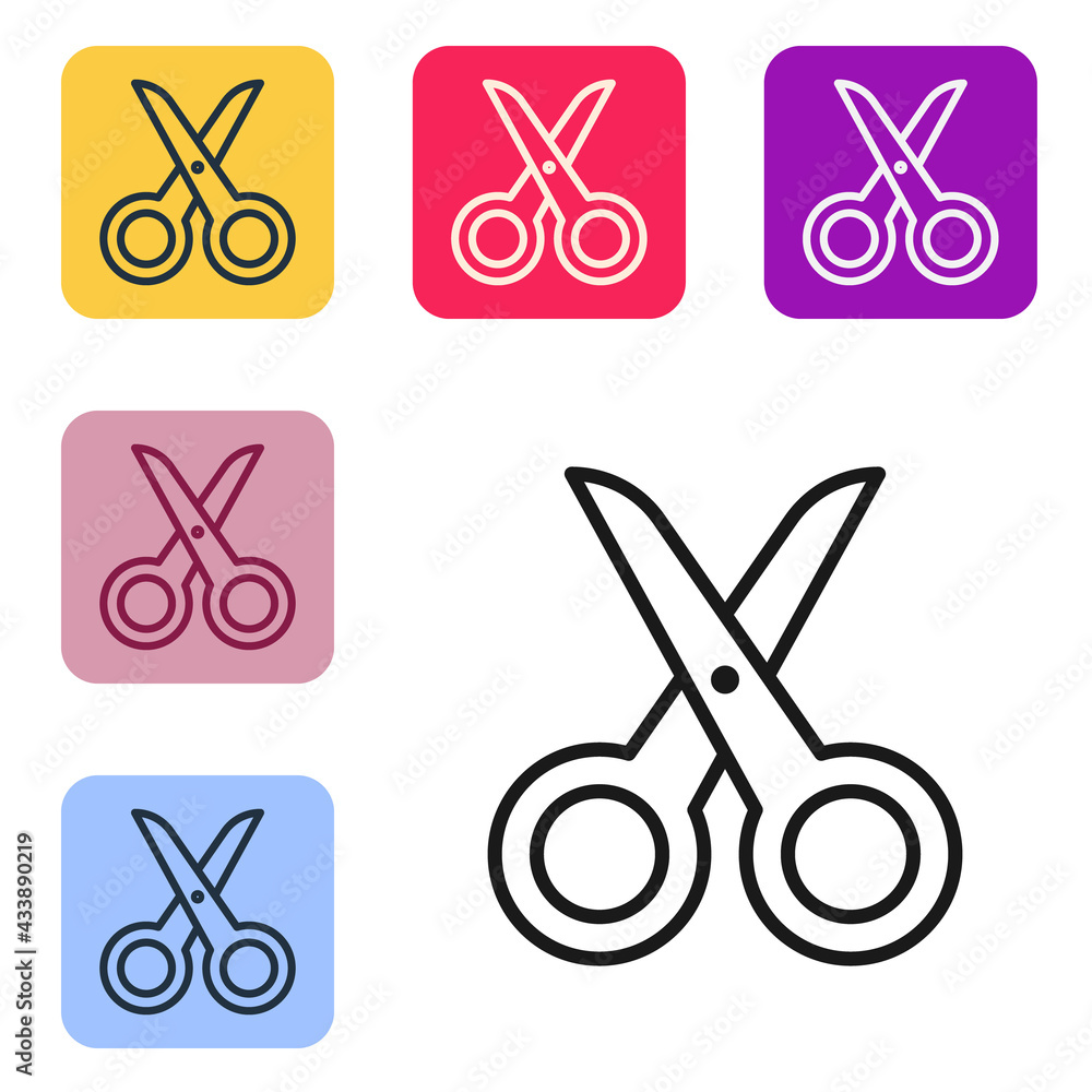 Black line Scissors icon isolated on white background. Cutting tool sign. Set icons in color square 