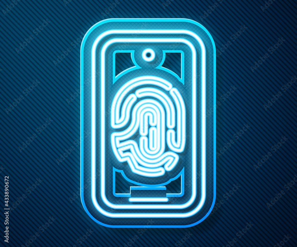 Glowing neon line Smartphone with fingerprint scanner icon isolated on blue background. Concept of s