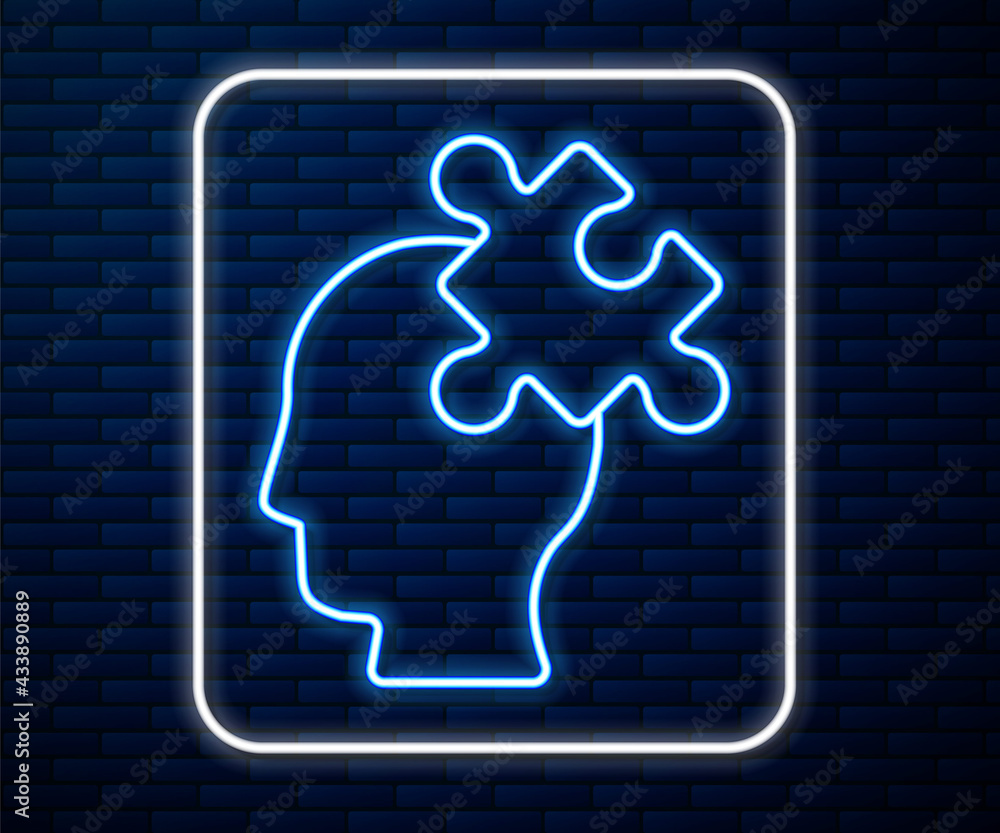 Glowing neon line Solution to the problem in psychology icon isolated on brick wall background. Puzz