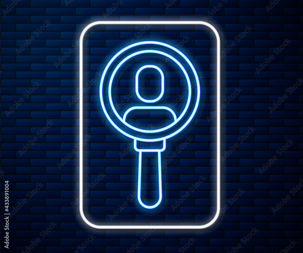 Glowing neon line Magnifying glass for search a people icon isolated on brick wall background. Recru