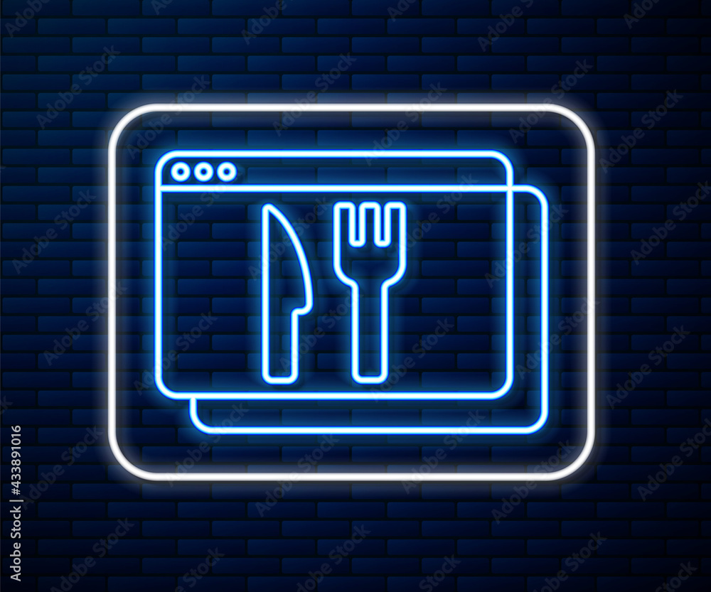 Glowing neon line Online ordering and fast food delivery icon isolated on brick wall background. Vec