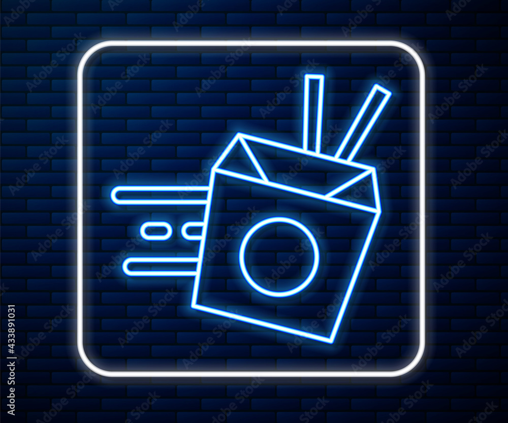 Glowing neon line Online ordering and noodles delivery icon isolated on brick wall background. Vecto