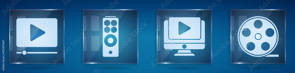 Set Online play video, Remote control, Online play video and Film reel. Square glass panels. Vector