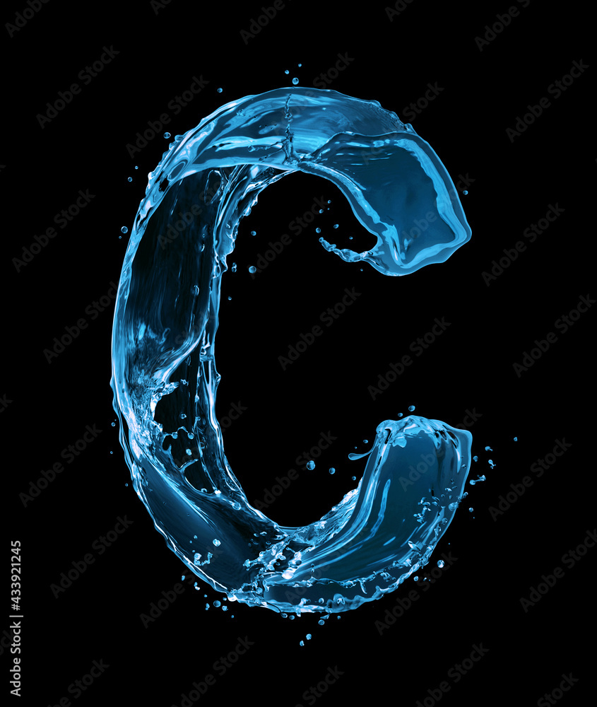 Latin letter C made of water splashes on a black background