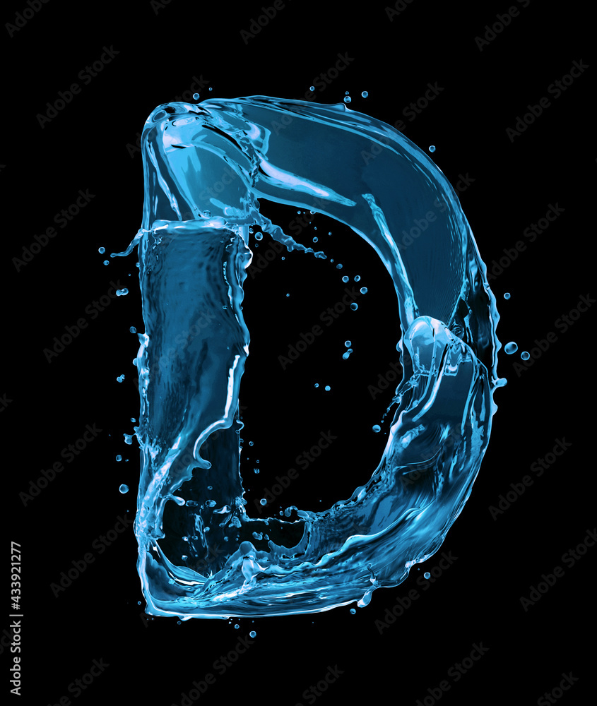 Latin letter D made of water splashes on a black background